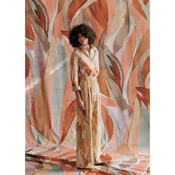 Sezane Pants - Sezane Loulou High Waisted Straight Wide Leg Velvet Trousers in Leaves Print 36